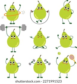 Set of funny pear mascot making gym
