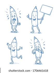 Set of funny pencils in different emotions and poses: exhausted, jumping happily, thumb up with sign and afraid. Mascot for kids and school. Hand drawn line art cartoon vector illustration.