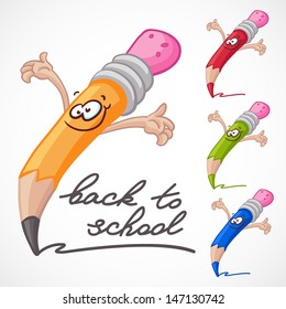 Set of funny pencils holding hands up isolated on white background. Back to school lettering. Cute elements for your school, office and note designs, etc.   