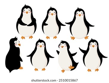 Conjunto de pinguins engraçados. Personagem com emoções diferentes. Para adesivos de saudação, calendários, cartões de Natal. Decorações para festas infantis.