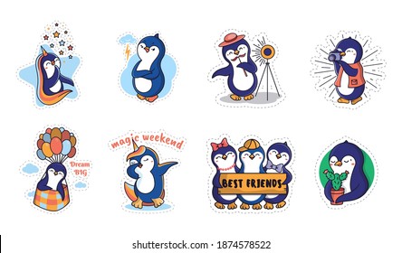 The set of funny penguins. Collection of cartoonish animals with lettering are good for t-shirt designs, clothes, ads, etc. The kids stickers, logo designs are a vector illustration