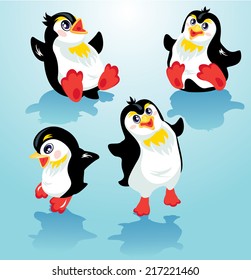 Set with funny penguins on blue icy background, cartoons for winter, Christmas or New Year design