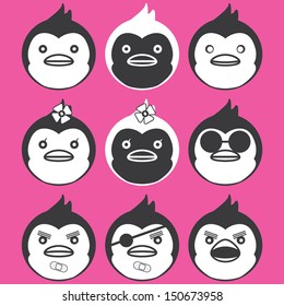 The set of the funny penguins: ordinary, black, boy and girl, cute, cool, angry and hungry, pirate. Good choice for your icons.