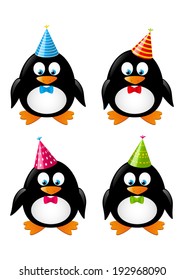 Set of funny penguins with party hats