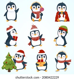 Juego de divertidos pingüinos.Ilustración vectorial.	
