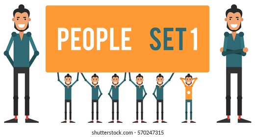 Set of funny people 1 isolated on a white background. Different gestures and styles of clothes. Icons of guys in flat style. Vector illustration.