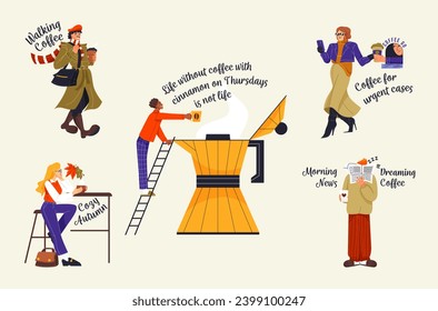 Set of funny people with coffee. Characters holding cups of coffee. Poster with funny comical quotes. Men and women with caffeine addiction. Cartoon flat vector collection isolated on beige background