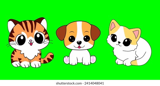 Set of funny pet animals isolated on green screen background. Happy little set pet on kawaii style.