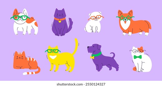 Conjunto de mascotas divertidas con accesorios. colección de gatos y perros coloridos de dibujos animados. Paquete de mascotas cómicas.