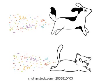 Set of funny pets with confetti. Collection of osbaki and a cat with candy flying out of the ass. Holiday animals. Vector illustration isolated on white background.