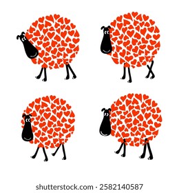 A set of funny pictures of sheep. Idea for a wedding or Valentine's Day greeting card. Sheep with hearts isolated on white background. Vector illustration