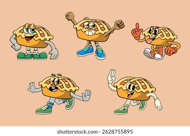 Set of Funny Pie Cake Food Cartoon Characters in Retro 70s Illustration