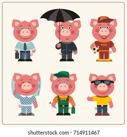 Set funny Pig in different clothing: sportsman, worker, manager, summer, autumn, sleepwear in cartoon style.