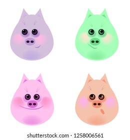 A set of funny pig muzzles. Facial expression, colored pigs. Vector cartoon