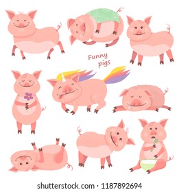 Set of Funny Piggy symbol 2019 new year. Piglet smiles, sits, lies, eats porridge, sleeps, pig unicorn. Vector illustration for your design