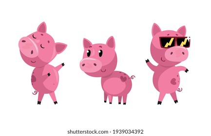 Set of Funny Piglet in Action, Cute Humanized Farm Animal Character Cartoon Vector Illustration