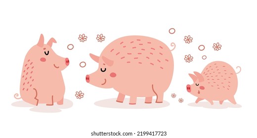 Eine Gruppe lustiger Schweine, glückliche Schweine. Frische Nutztiere, Cartoontiere und dekorative Elemente. Handgezeichnete Vektorgrafik für Kinder, einzeln auf Weiß. Flachdesign 