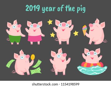 Set of funny pigs isolated on black. Symbol of the year 2019. Chinese calendar. Template for sticker, greeting card, calendar or banner.