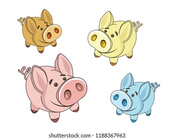 Set funny pigs, many piglets, vector illustration