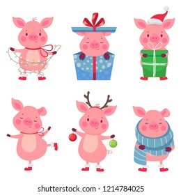 Set with funny pigs on white background. New Year 2019. Vector illustration