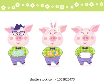 Set of Funny pigs wearing like hipsters 
 holding flowers, eggs and clear board. Vector illustration. Happy Easter.  Cartoon character.