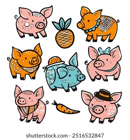 Set of funny pigs, world pig day, oink, vector, isolated, flat. for design packaging, stationery.