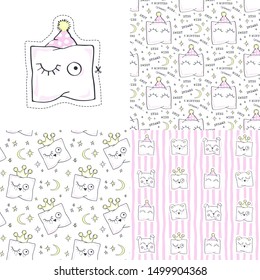 Set. Funny pillows. Vector illustration with baby patterns.