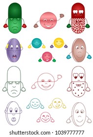 Set of funny Pills smiles emoji vector illustration