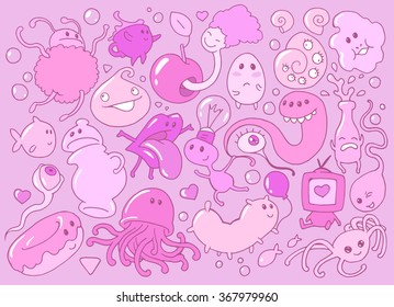 Set of funny pink cartoon doodle drawings