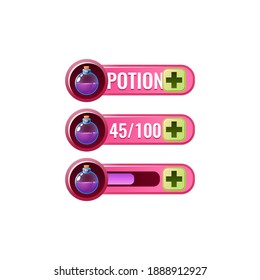 set of funny pink game ui potion magic mana bar with numeric and progress bar additional panel for gui asset elements vector illustration