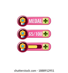 set of funny pink game ui award medals icon with numeric and load bar additional panel for gui asset elements vector illustration