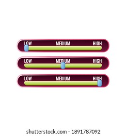 set of funny pink game ui control settings with low, medium, and high menu for gui asset elements