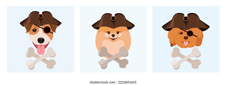 Un conjunto de perros piratas graciosos. Diseño de caricaturas.
