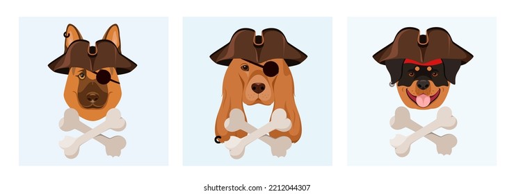 A set of funny pirate dogs. Cute pets. Cartoon design.
