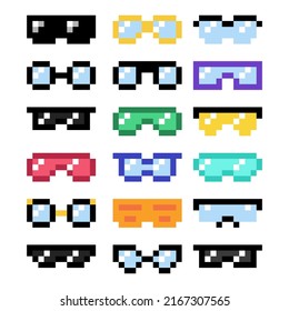 Set of funny pixelated sunglasses and eyeglasses. Pixel set isolated on a white background. Vector illustration.