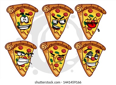 set of funny Pizza cartoon character Mascot with various face expression. Vector Illustration Isolated On White Background