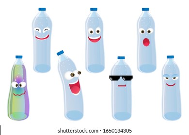 Set of funny plastic bottles character isolated on white background. Vector cartoon faces with various emotions.