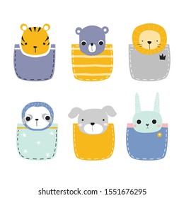 Set of funny pocket animals. Kids fashion print. Vector hand drawn illustration.