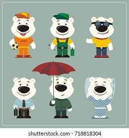 Set funny Polar Bear in different clothing: sportsman, worker, manager, summer, autumn, sleepwear in cartoon style.