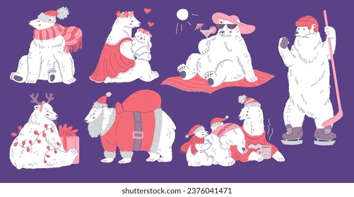 Set of funny polar bears in different costumes flat style, vector illustration isolated on purple background. Decorative design elements collection, Christmas characters, adults and cubs