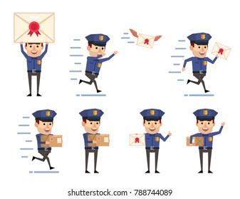 Set of funny policeman characters posing with letter and parcel. Cheerful police officer holding letter, package, running and showing other actions. Flat style vector illustration