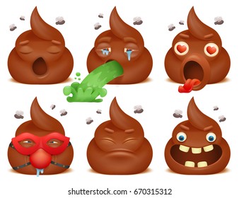 Set Of Funny Poo Emoticon Cartoon Characters. Vector Set