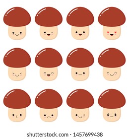 Set of funny porcini mushroom character with human face showing various emotions, cartoon vector illustration isolated on white background.