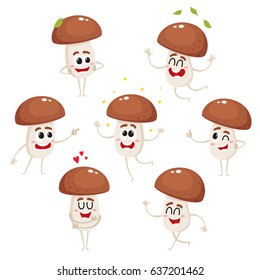 Set of funny porcini mushroom character with human face showing various emotions, cartoon vector illustration isolated on white background. Porcini mushroom character, emoticon, emoji set