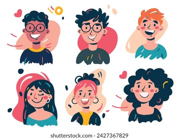 set of funny portraits of young men and women, illustration in cartoon style. trendy colors and abstract spots