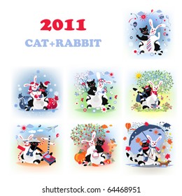 Set of funny postcards for 2011, with fantastic cat-rabbit creature.