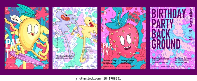 Set of funny posters with cartoon-style backgrounds. Colored painted  in doodle style. Mango and Strawberry. Cute monsters. Vector illustration. 