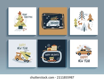Set of funny posters inspirational phrases Happy New Year, Christmas tree on delivery car. Сartoon flyers with transport and lettering, kids collection for room decoration, templates postcards. Vector