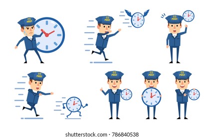 Set of funny postman characters posing with wall watches. Cheerful mailman holding timer, trying to stop time and showing other actions. Flat style vector illustration