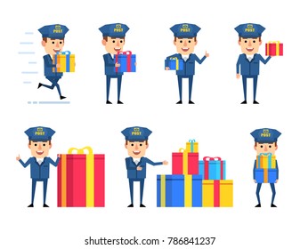 Set of funny postman characters posing with gift boxes. Cheerful mailman holding present, running, celebrating birthday and showing other actions. Flat style vector illustration